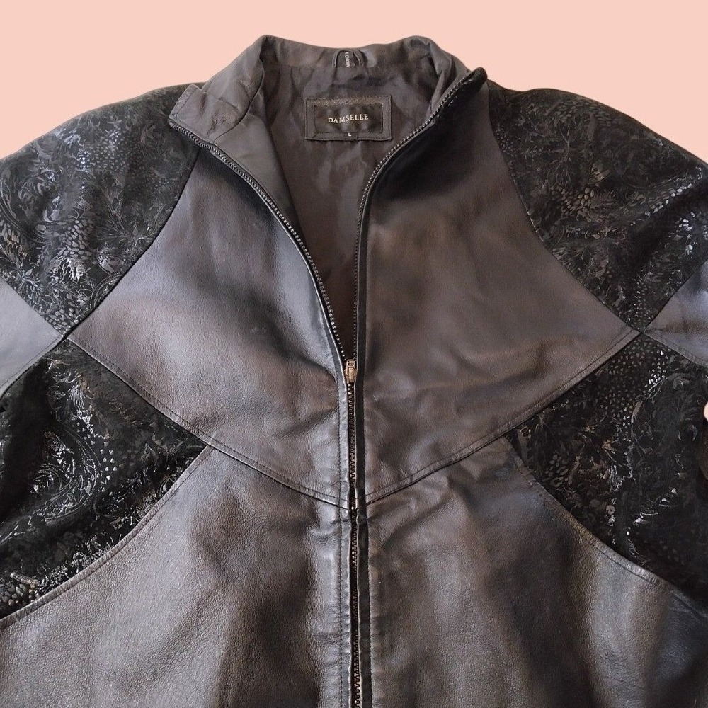 Damselle Leather Jacket Size L Black Paisley Lace Overlay Vintage Bomber Zip